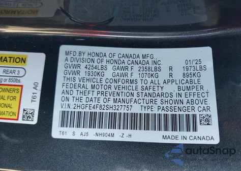 2025 Honda Civic Hybrid Sport/Sport Touring from USA, damaged, VIN 2HGFE4F82SH327757